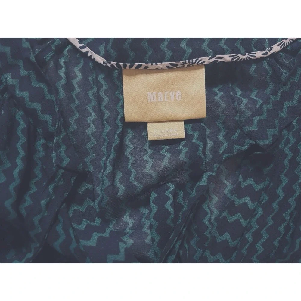 MAEVE Anthropologie Women's XL Viscose Sheer Blouse GREEN &‎ BLUE L/S